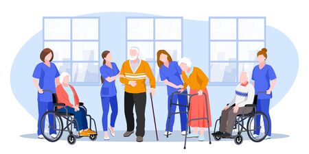 Nurse taking care about seniors people in hospital. Vector flat cartoon illustration. Doctors help elderly people walk and ride wheelchair.のイラスト素材