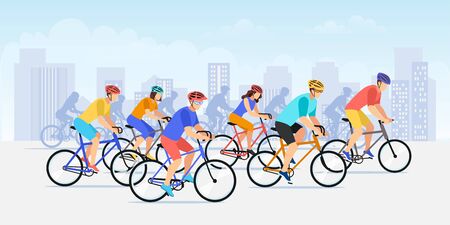 City bicycle sport marathon. Vector flat cartoon bike race illustration. Colorful cyclist people against urban landscape background. Outdoor sports competition and healthy lifestyle concept.のイラスト素材