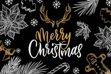 Merry Christmas calligraphy lettering. Vintage banner, poster, invitation or greeting card design. Chalk sketch vector illustration. Winter holiday white and gold decor on black background.のイラスト素材