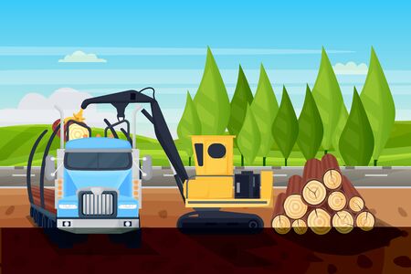 Forestry logging industry. Loading wooden logs in truck, vector flat cartoon illustration. Industrial crane and vehicle equipment for lumber trunks shipping.のイラスト素材