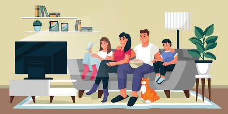 Family watching TV in living room. Father, mother and two children sit on sofa together. Vector flat cartoon illustration. Home movie time, indoor weekend leisure concept.のイラスト素材