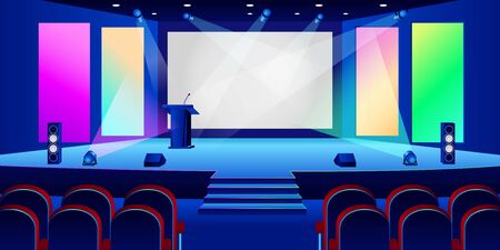 Conference hall interior. Empty white presentation screen in dark auditorium. Vector illustration. Seminar, business training or entertainment concept.のイラスト素材