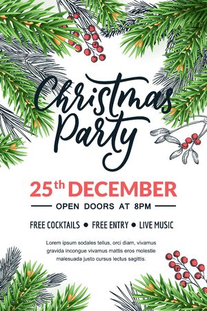 Christmas party calligraphy lettering, banner, poster design template. Holiday flyer frame layout with place for text. Vector illustration of realistic green fir branches and hand drawn sketch plantsのイラスト素材