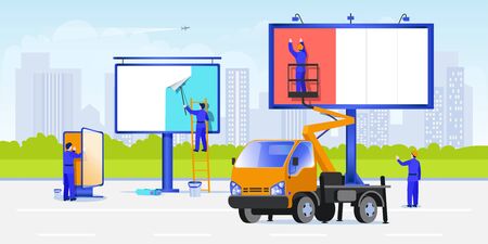 Workers mount posters using stairs and aerial work platforms. Street advertising on a billboard concept. Vector flat cartoon illustration. White blank billboard and lightbox on cityscape backgroundのイラスト素材