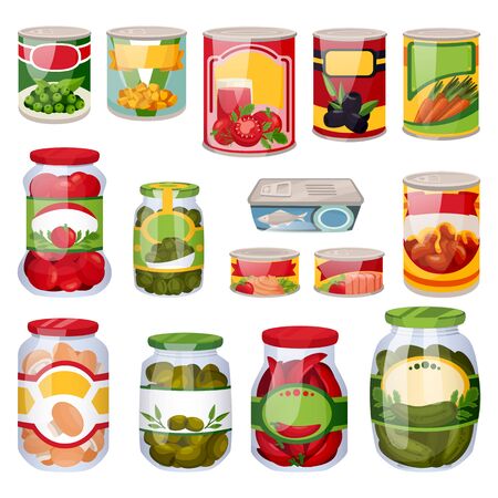 Canned food set isolated on white background. Food in tins, cartoon icons and design elements. Grocery supermarket collection. Vector illustrations.のイラスト素材