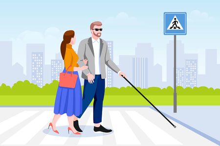 Young woman helps blind man with stick cross the road. Taking care of disability handicapped people. Vector flat cartoon illustration. Social support concept.のイラスト素材