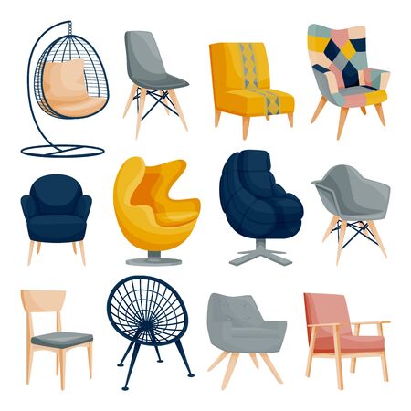 Modern armchair set, isolated on white background. Apartment Interior furniture design elements. Home and office chair icons. Vector flat cartoon illustration.のイラスト素材