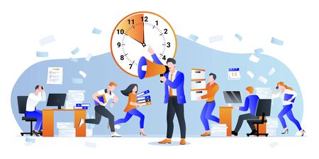 Project deadline and overtime working business concept. Vector flat cartoon characters illustration. CEO manager pressures office employees. Unorganized work and time management problems.のイラスト素材