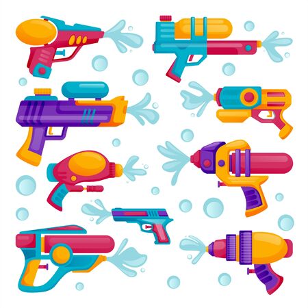 Water guns icons set, isolated on white background. Vector flat cartoon illustration. Multicolor kids water toys for playing on summer beach.のイラスト素材