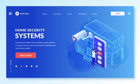 Smart home, remote house surveillance and security system app concept. Vector 3d isometric illustration. Man controls CCTV camera of house through smartphone screen.のイラスト素材