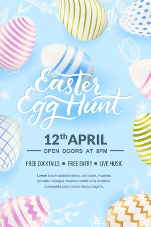 Egg hunt Easter party hand drawn calligraphy lettering, poster, banner template. Holiday flyer layout with place for text. Vector 3d realistic illustration of Easter eggs and sketch hand drawn leavesのイラスト素材