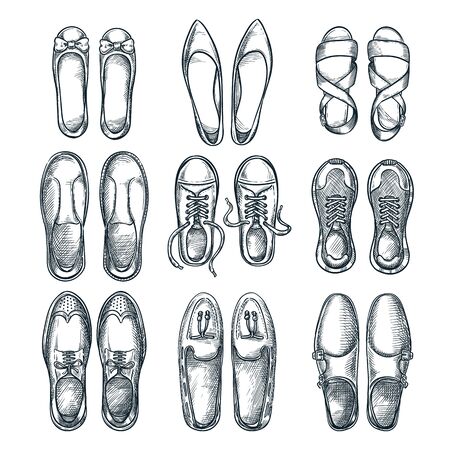 Female and male elegant shoes icons set. Vector hand drawn sketch illustration. Fashion footwear collection. Design elements isolated on white background.のイラスト素材