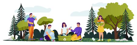 People cleaning plastic garbage in green pine forest or city park. Vector illustration. Environment, ecology lifestyle, nature conservation or social works concept. Volunteers picking rubbishのイラスト素材