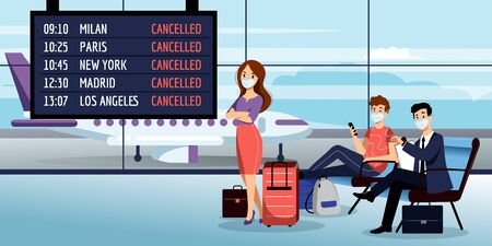 Flight cancelled due to coronavirus epidemic. Sick passengers in medical protection masks waiting at airport terminal. Vector illustration. Stopping flights traveling during covid-19 outbreakのイラスト素材