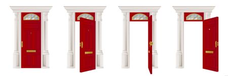 Closed and open classical wooden red door set, isolated on white background. Home entrance and exit,...