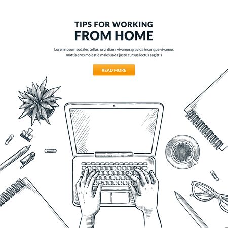 Work at home, remote work, freelance online job concept. Man or woman working on laptop. Human hands typing on keyboard, vector sketch top view illustration. Web banner or poster design elements.のイラスト素材