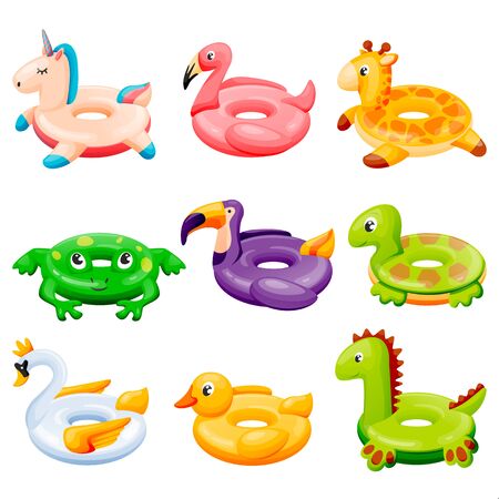 Pool inflatable rings collection. Kids floating toys with animals and birds. Vector illustration. Unicorn, flamingo, duck, giraffe, dinosaur isolated on white background. Summer beach leisure elementsのイラスト素材