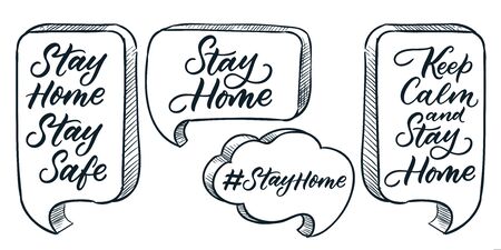 Stay home, stay safe, keep calm calligraphy lettering. Vector sketch speech bubbles illustration with quote text message. Hand drawn typography poster, banner or stickers designのイラスト素材