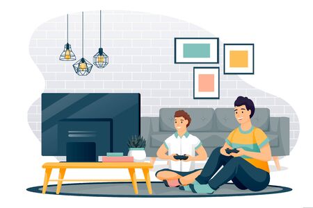 Happy father and son play in video game. Dad and little boy with gamepads sit on floor in living room in front of TV. Vector characters illustration. Family leisure lifestyle and fun time at home.のイラスト素材