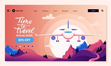 Time to travel banner, coupon or voucher design template. Airplane above mountain landscape and hand drawn calligraphy lettering. Vector illustration of flying plane. Summer trip, tourism backgroundのイラスト素材