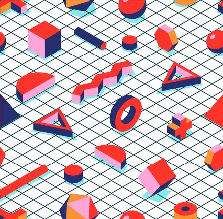Abstract geometric seamless pattern. Vector 3d isometric shapes on grid background. Colorful cube, cross, triangle, hexagon. Trendy fabric design, fashion textile print, wallpaper or wrapping paperのイラスト素材