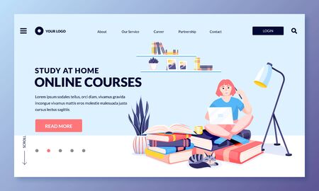 Woman sits on books stack with laptop. Remote education at school or university, online video courses, studying at home concept. Vector flat cartoon character illustration for web landing page bannerのイラスト素材