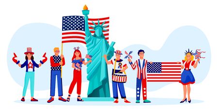 Celebrating 4th of July, USA Independence Day. Vector cartoon characters illustration. Happy people in patriotic costumes in american flag colors and Statue of Liberty. Holidays party design elementsのイラスト素材