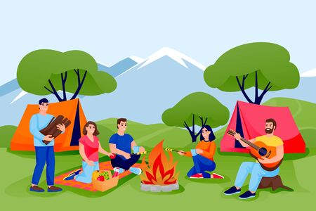 Summer camping and ecotourism. Happy friends have rest in forest or mountains camping in tents. Vector flat cartoon people characters illustration. Outdoor leisure activity and nature tourism conceptのイラスト素材