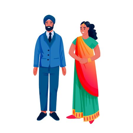 Indian young happy couple in traditional clothing, isolated on white background. Indian woman in colorful beautiful sari and man in suit and turban. Vector flat cartoon characters illustration.のイラスト素材