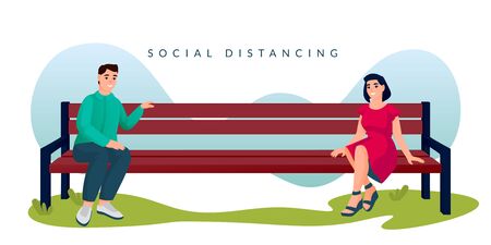 Couple sitting with social distancing on bench in city park. Man and woman spend time outdoor. Vector illustration. New normal distance in public place, romantic meeting and communications conceptのイラスト素材