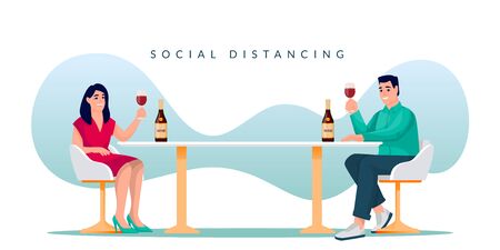 Couple sitting with social distancing in restaurant and drinking wine. Man and woman toasting at the table. Vector illustration. Distance in public place, romantic meeting, safety celebration conceptのイラスト素材