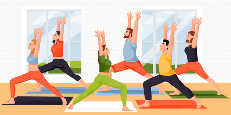 People stand in warrior one pose virabhadrasana. Women and men practicing yoga meditation with instructor in studio. Vector flat cartoon characters illustration. Active lifestyle, fitness yoga classのイラスト素材