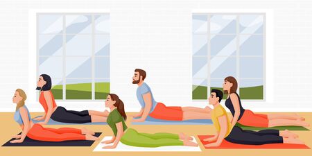 People doing cobra pose bhujangasana. Women and men practicing yoga and meditation with instructor in studio. Vector flat cartoon characters illustration. Active lifestyle, fitness and yoga classのイラスト素材