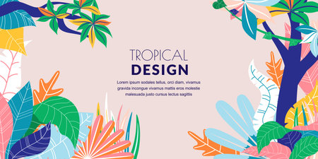 Summer tropical abstract horizontal frame background. Vector flat cartoon illustration. Hand drawn colorful doodle palm leaves. Jungle nature banner, poster, greeting card design templateのイラスト素材