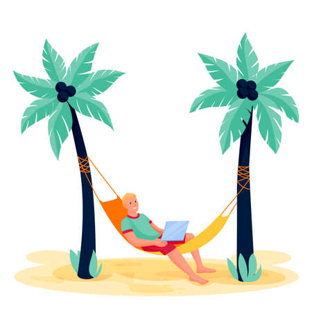Young man with laptop in hammock on tropical beach. Vector flat cartoon character illustration. Working freelancer isolated on white background. Business remote work conceptのイラスト素材