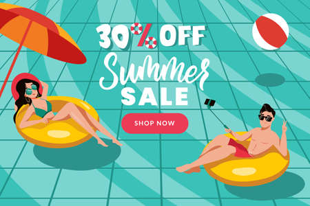 Man and woman swim on inflatable yellow rings in swimming pool. Flat cartoon vector characters illustration. Summer sale banner design template. Season discount poster with blue water backgroundのイラスト素材