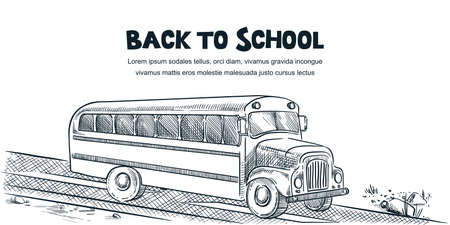 Back to school poster, banner design template. Vector hand drawn sketch illustration of school bus isolated on white backgroundのイラスト素材