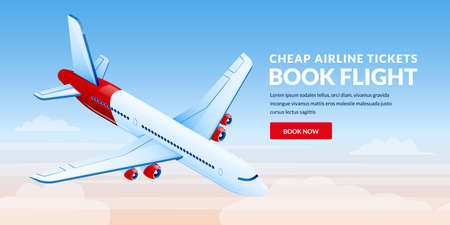Air travel, plane tickets booking banner design template. Airplane flies in blue sky vector 3d isometric illustration. International traveling and tourism flight conceptのイラスト素材