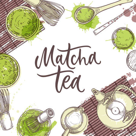 Matcha green tea banner. Poster or label with hand drawn calligraphy lettering. Traditional japanese tea ceremony, top view vector sketch illustration on watercolor splashes backgroundのイラスト素材