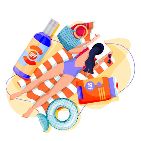 Summer face and body solar protection care concept. Girl sunbathing with sunscreen. Young woman lying on sand beach and reading book. Vector flat cartoon illustration of sunblock cosmetics packagingのイラスト素材
