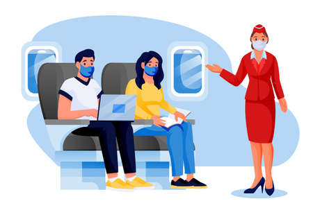 Stewardess, man, woman in medical protection masks travel by airplane. Vector cartoon characters illustration. Air travel new rules, healthy and safe flight concepts. Plane interior with passengersのイラスト素材