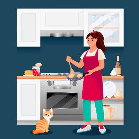 Happy woman cooking pancakes in kitchen. Young girl with red cat makes tasty breakfast. Vector characters illustration. Home meal recipes, leisure lifestyle and time at home conceptのイラスト素材