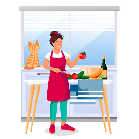 Happy woman cooking vegetable salad in kitchen. Young girl with red cat makes healthy dietic lunch or dinner. Vector illustration. Home meal recipes, leisure lifestyle and time at home conceptのイラスト素材