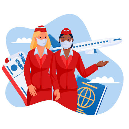 Two stewardesses in medical protection masks on blue sky background with flying airplane. Air travel new rules, healthy and safe flight concept. Vector flat cartoon characters illustrationのイラスト素材