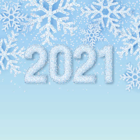 Happy New Year 2021 white snow numbers on winter abstract blue background with realistic snowflakes. Elegant minimal banner, poster, greeting card template for New Year holiday. Vector illustration.のイラスト素材
