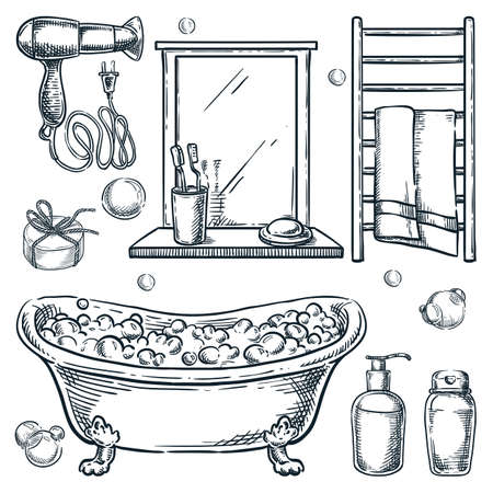 Bathroom interior isolated design elements. Vector hand drawn sketch illustration. Bath and shower accessories and equipment set. Bathtub with foam, shampoo, mirror, towel dryer doodle iconsのイラスト素材