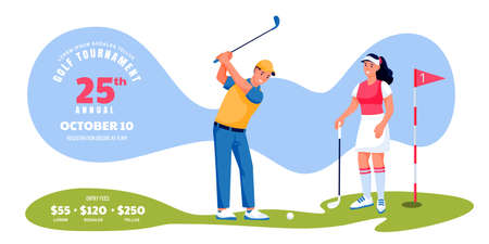 Golf tournament or competition banner flyer, ticket layout. Young male and female playing golf, vector flat cartoon character illustration. Poster background with place for textのイラスト素材