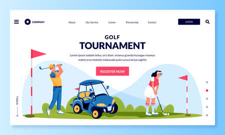 Young man and woman playing golf, vector flat cartoon character illustration. Golf tournament or competition banner flyer, ticket layout.のイラスト素材