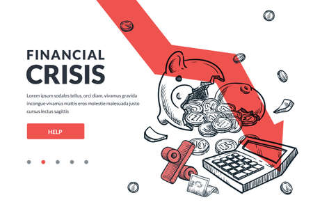 Economic crisis, financial losses, bankruptcy concept. Broken piggy bank, percent sign, calculator on falling down red arrow background. Hand drawn vector sketch illustration. Poster banner designのイラスト素材