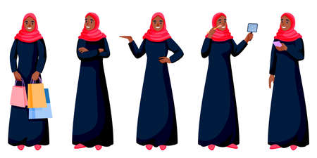 Arab young happy woman in traditional clothing in different poses isolated on white background. Arabic muslim female shopping, talking on phone, doing makeup. Vector cartoon characters illustrationのイラスト素材
